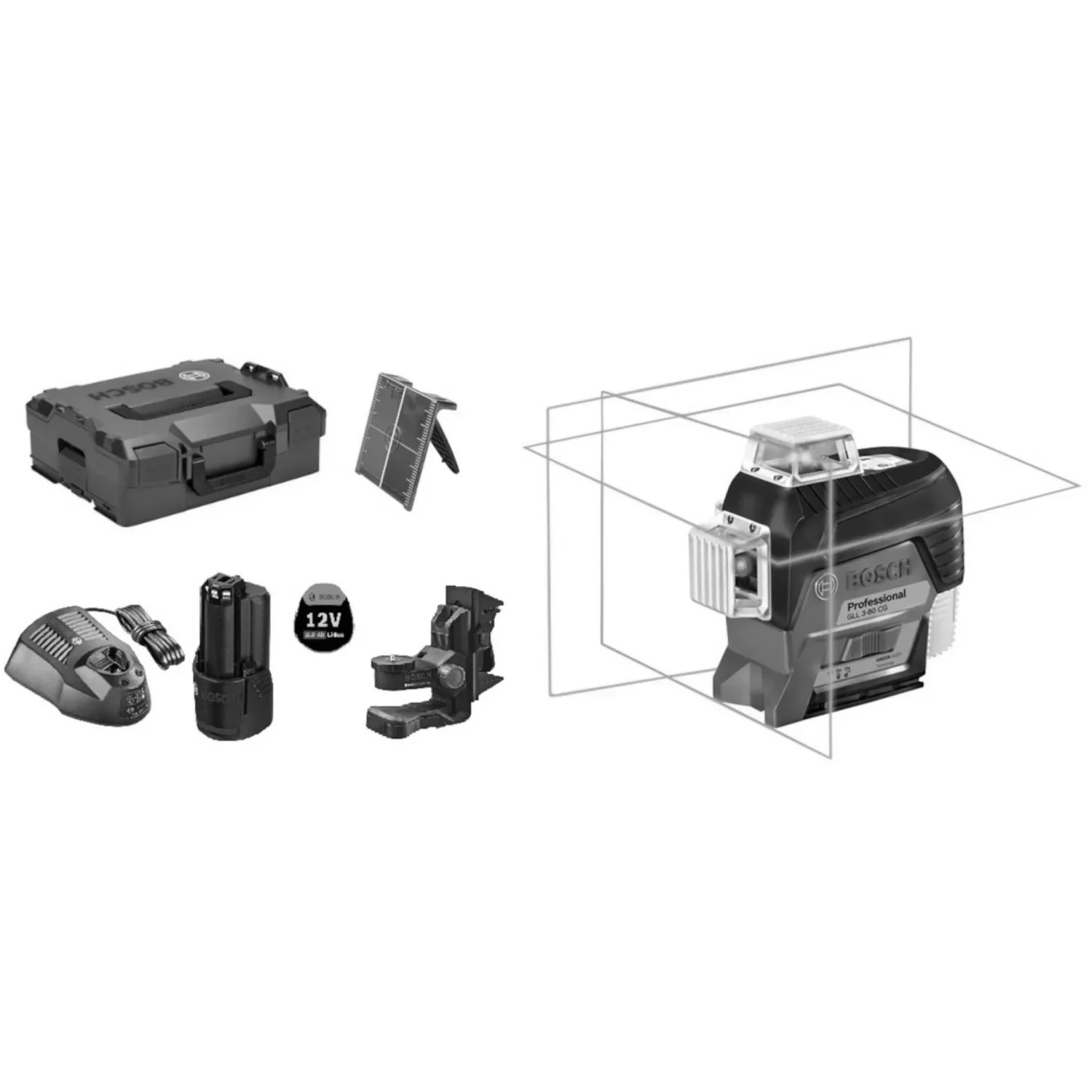 Laser lignes 12V Bosch GLL 3-80 CG Professional + batterie GBA 2.0 Ah + chargeur GAL 12V-40 + L-BOXX - 0601063T00 — vue 1