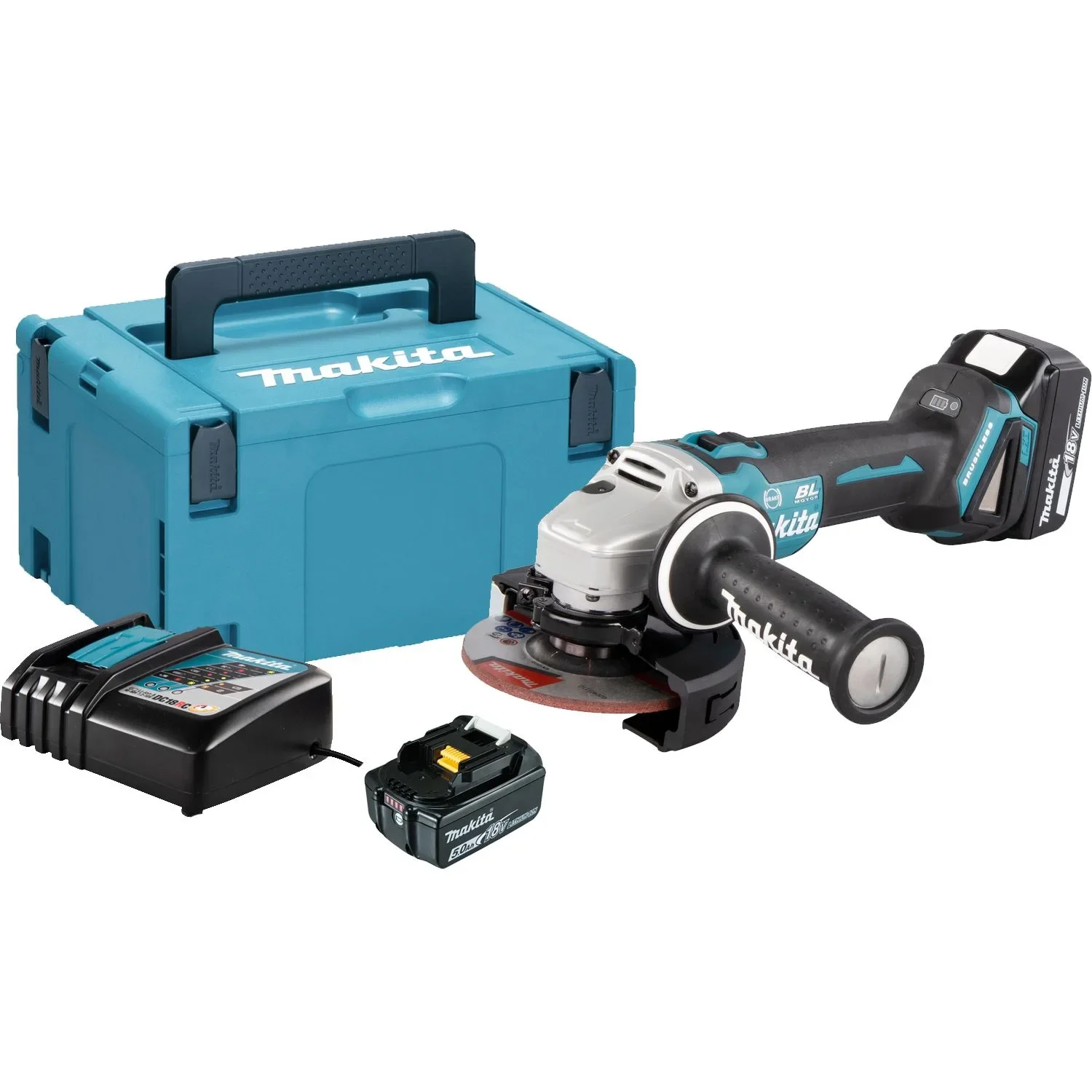 Meuleuse 18V Makita DGA506RTJ + 2 batteries Li-ion 5 Ah BL1850 + chargeur DC18RC + Coffret MAKPAC — vue 1