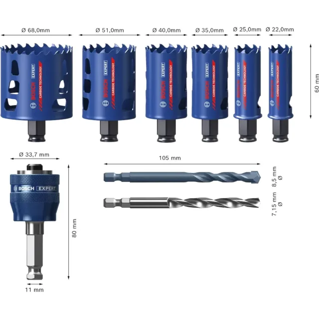 Coffret de 6 scies trépans Bosch EXPERT Multi Material Power Change Plus 22 - 25 - 35 - 40 - 51 - 68 mm - 2608901907 — vue 4