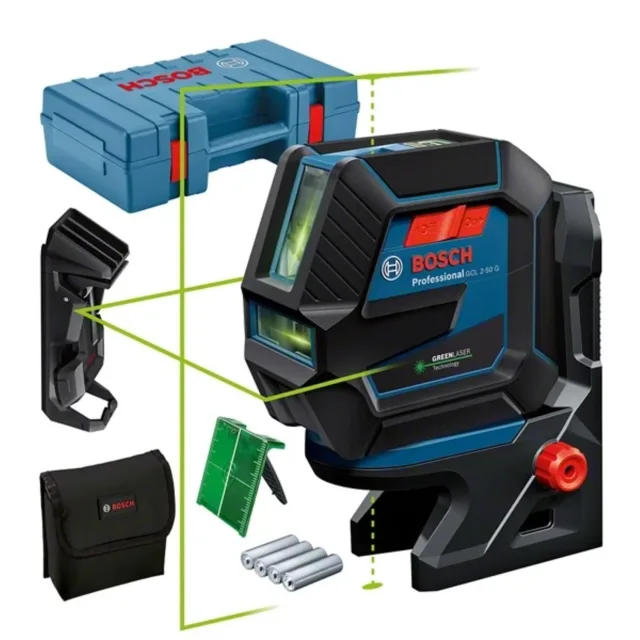 Laser points et lignes Bosch GCL 2-50 G + 4 piles 1,5 V LR6 (AA) + support rotatif RM 10 + pince de plafond DK 10 + coffret - 0601066M02 — vue 1
